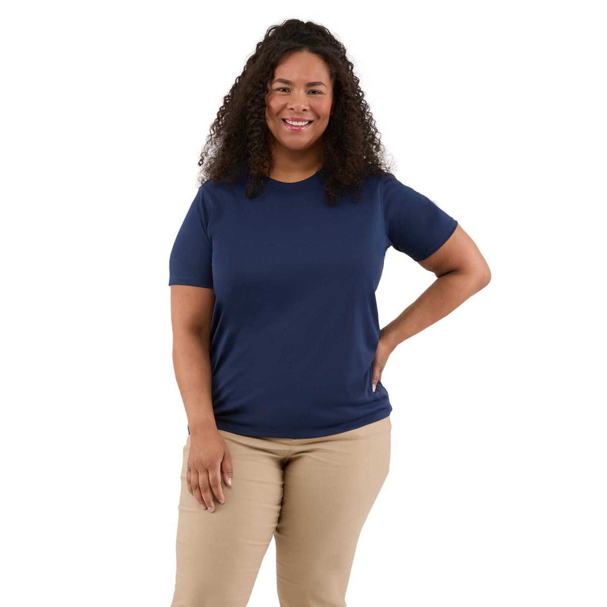 Dara Recycled Short Sleeve Tech Tee for Women Transfer - Vintage Navy - Front On Model
