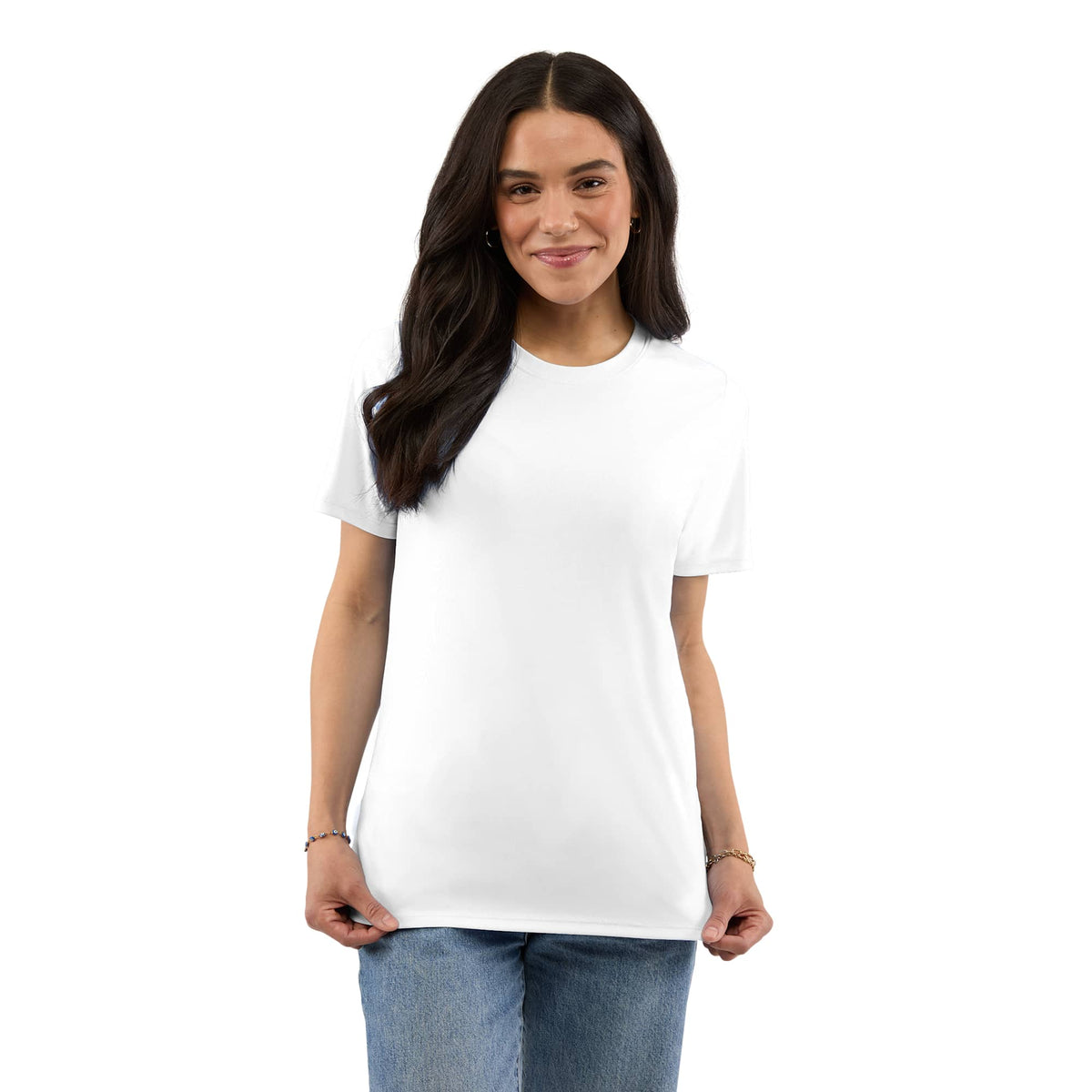 Dara Recycled Short Sleeve Tech Tee for Women Transfer - White - Front On Model