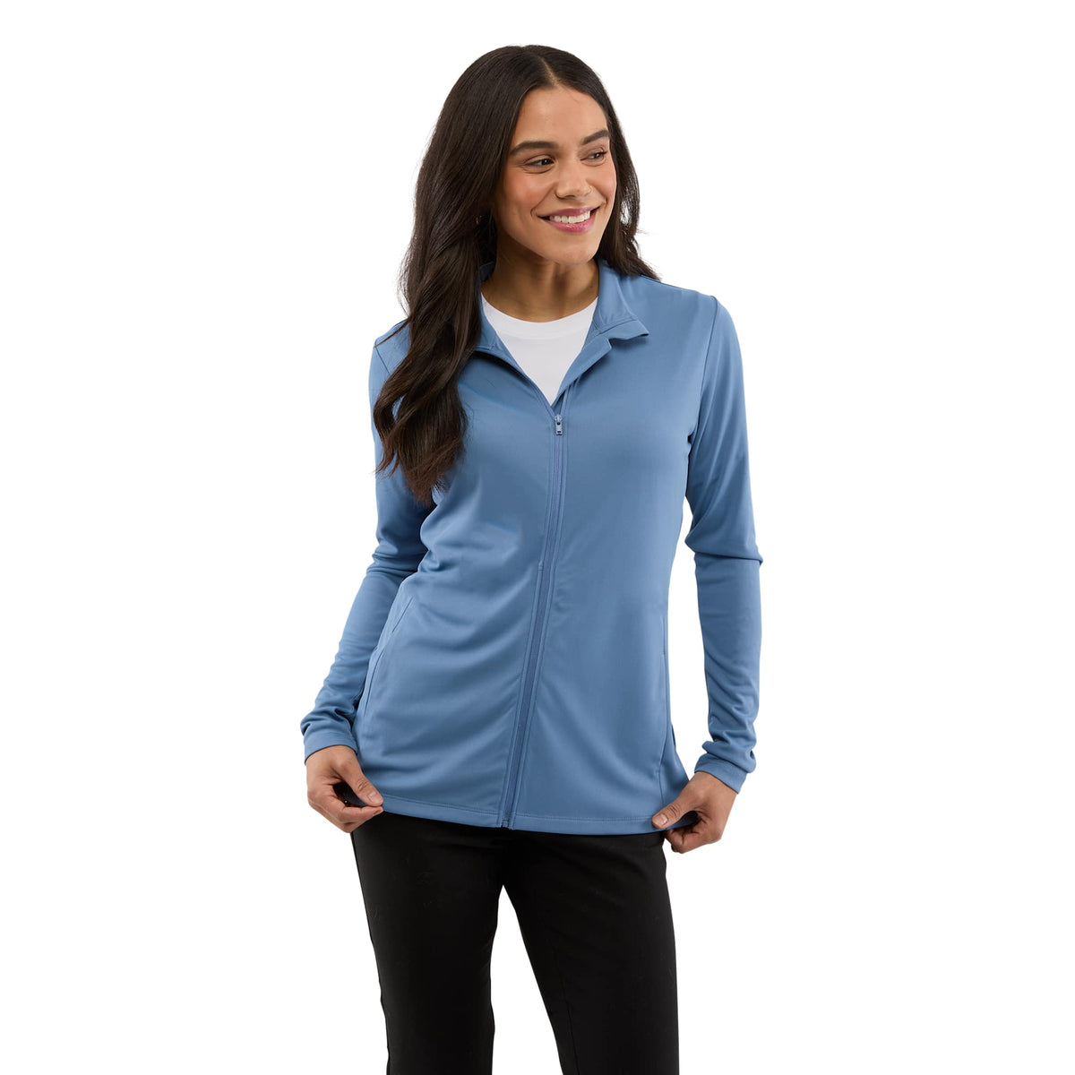 Dara Recycled Tech Full Zip Jacket for Women Debossing - Moonlight Blue - Front On Model 2