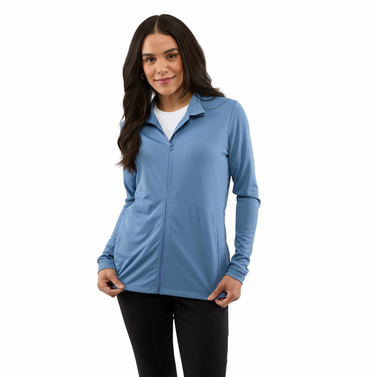 Dara Recycled Tech Full Zip Jacket for Women Debossing - Moonlight Blue - Front On Model 3
