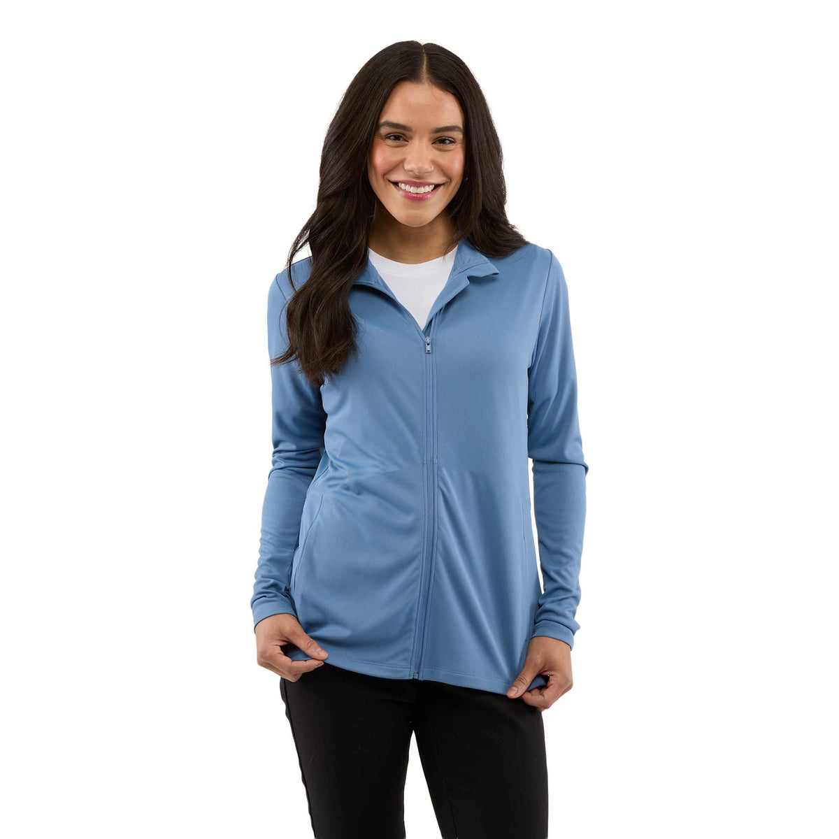 Dara Recycled Tech Full Zip Jacket for Women Debossing - Moonlight Blue - Front On Model