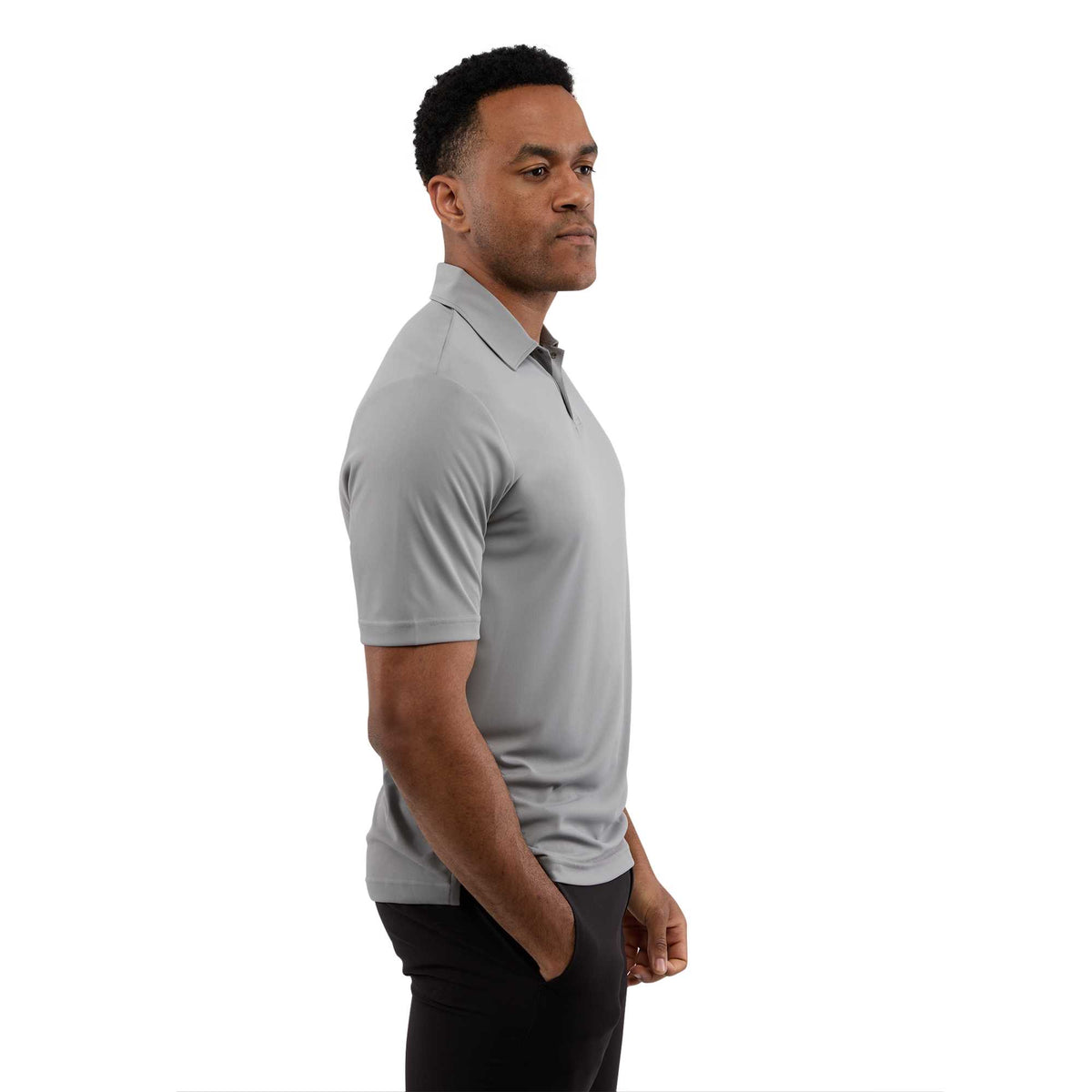 Dara Recycled Tech Polo for Men Debossing - Quarry - Right Side On Model