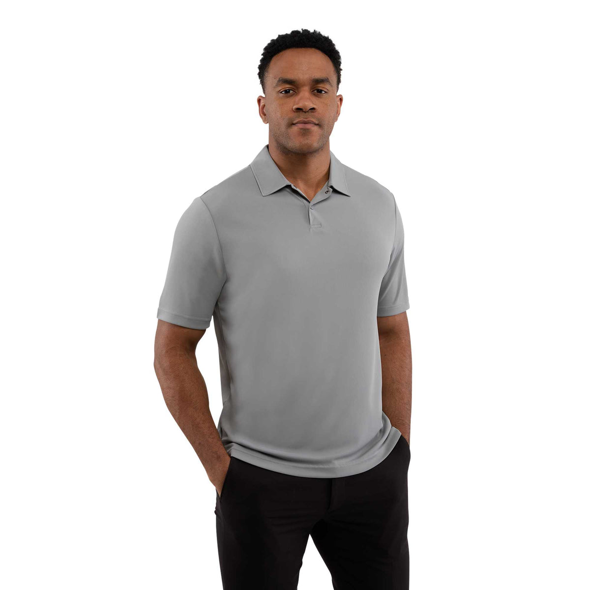 Dara Recycled Tech Polo for Men Embroidery - Quarry - Front On Model
