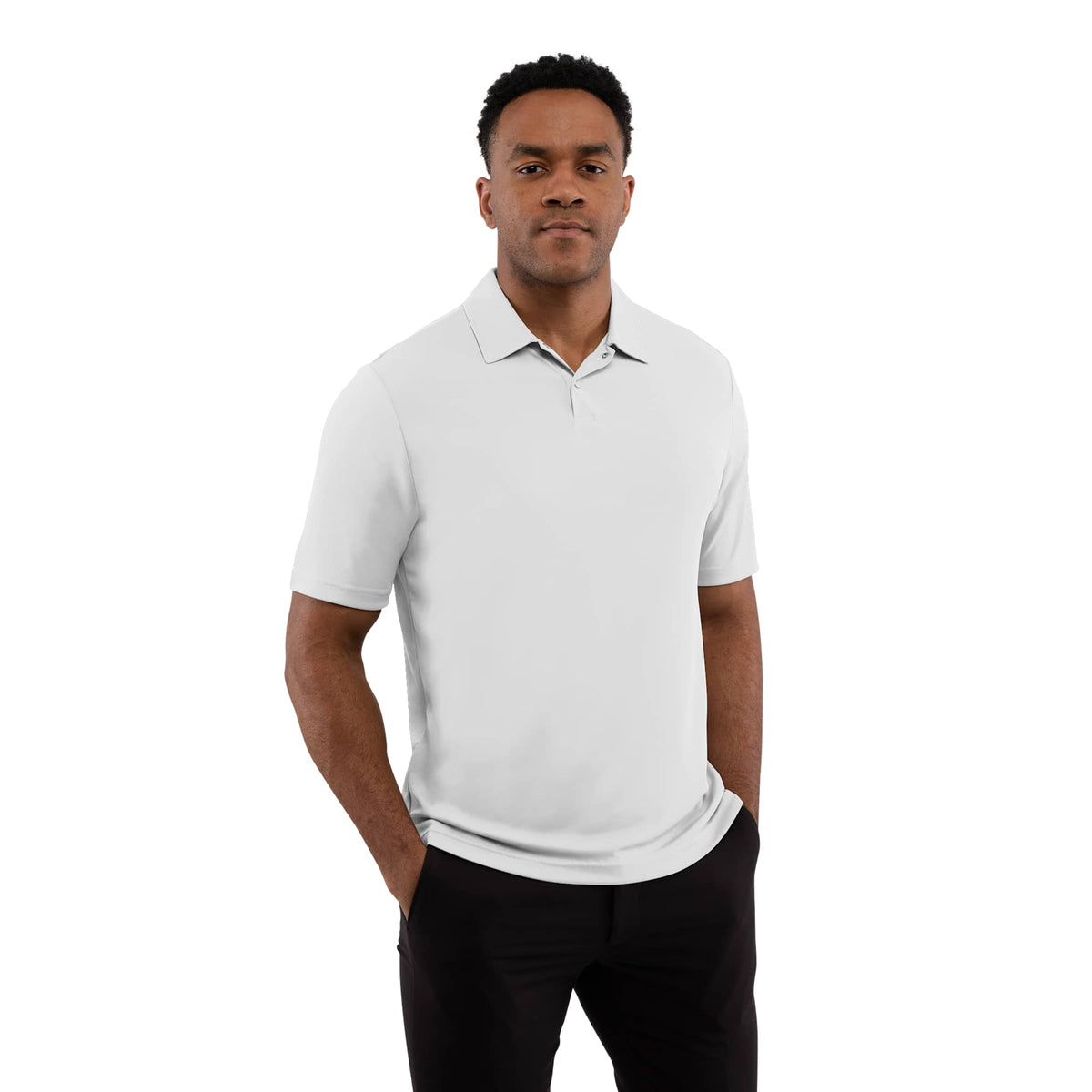 Dara Recycled Tech Polo for Men Embroidery - White - Front On Model