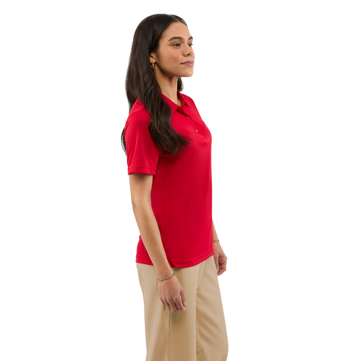Dara Recycled Tech Polo for Women Transfer - Team Red - Right Side On Model