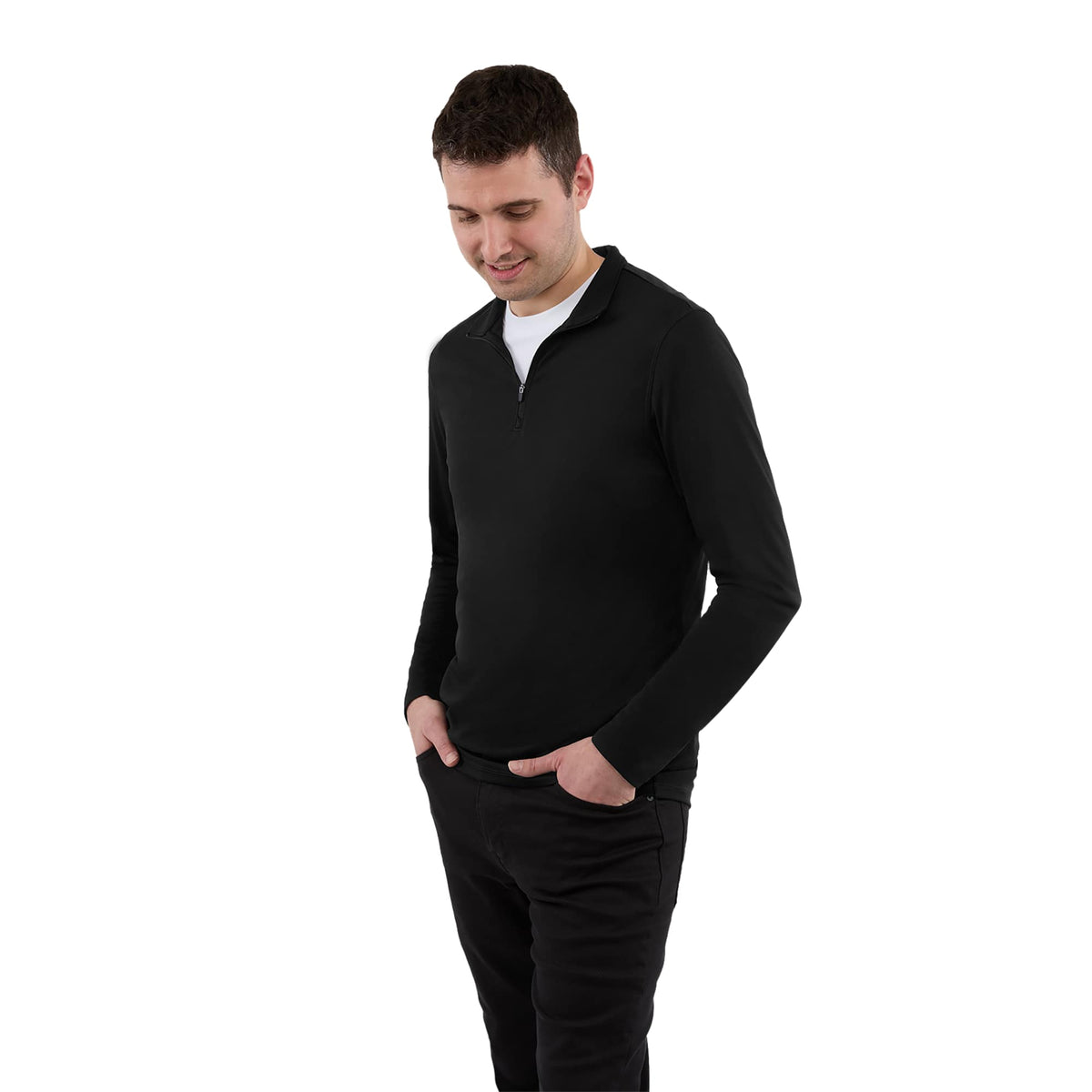 Dara Recycled Tech Quarter Zip for Men Debossing - Black - Front On Model