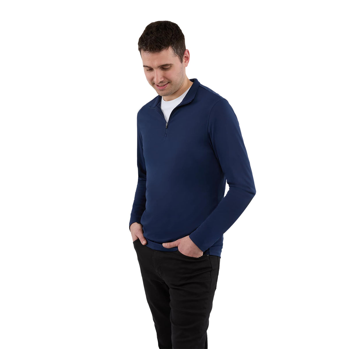 Dara Recycled Tech Quarter Zip for Men Laser Engraving - Vintage Navy - Front On Model