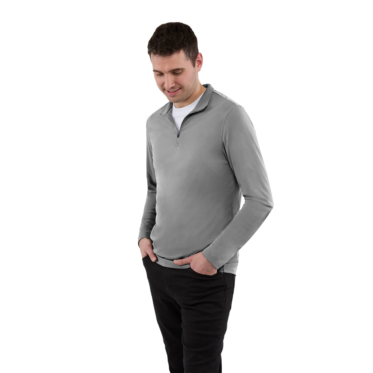 Dara Recycled Tech Quarter Zip for Men Transfer - Quarry - Front On Model