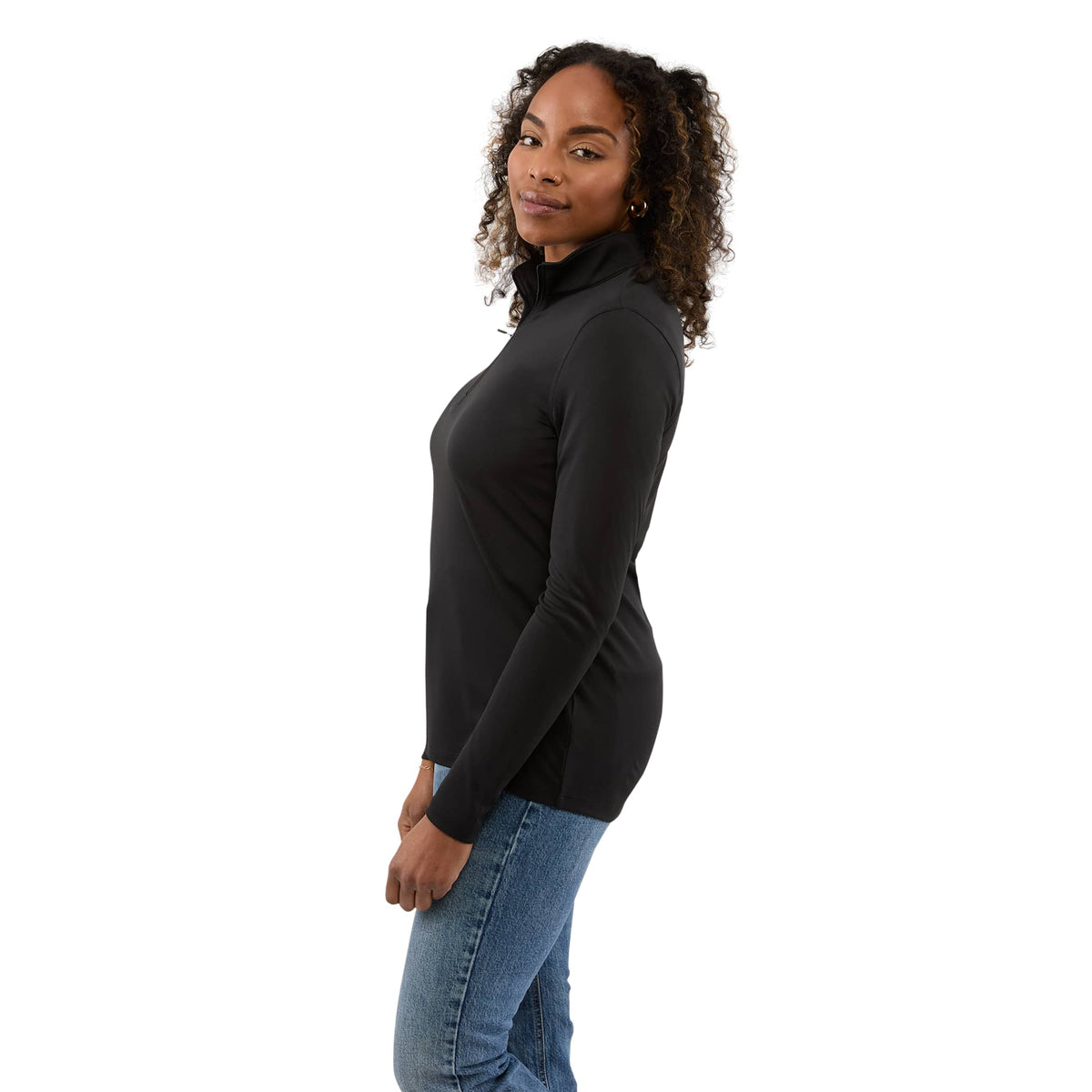 Dara Recycled Tech Quarter Zip for Women Embroidery - Black - Left Side On Model