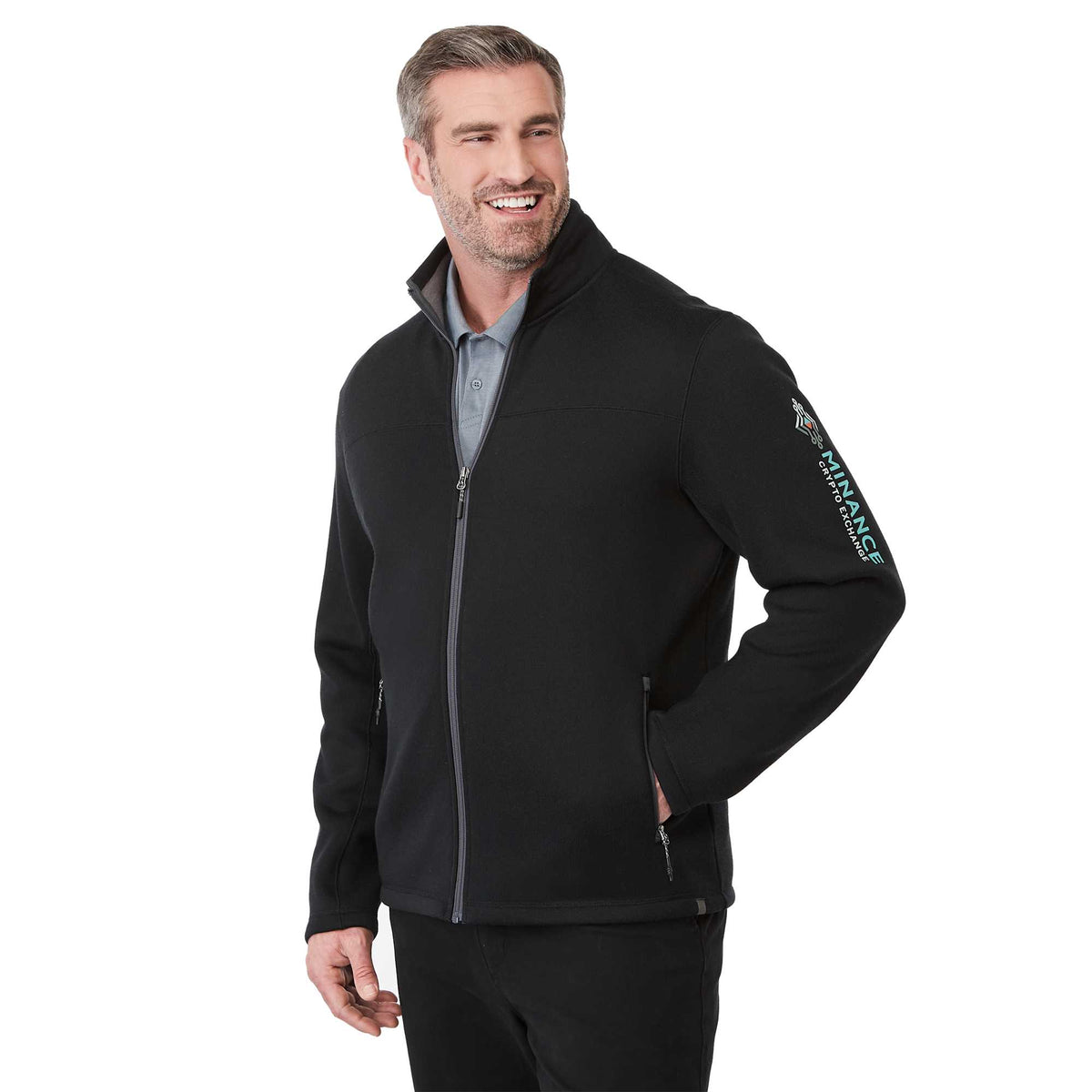 Darnell Eco Knit Full Zip Sweater for Men Transfer - Black - On Model Right Angle