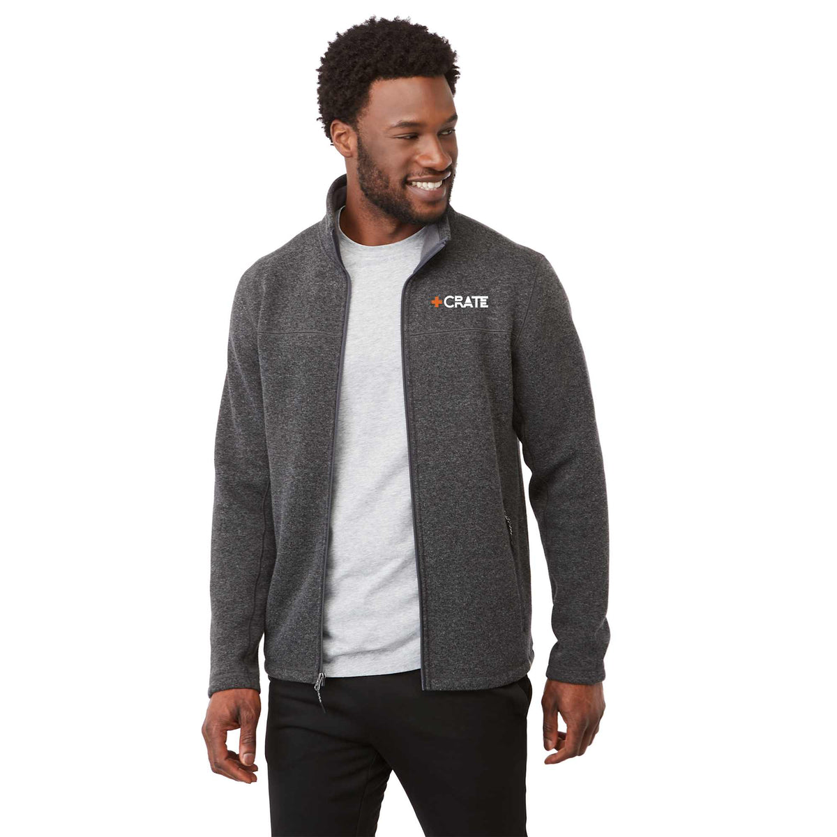 Darnell Eco Knit Full Zip Sweater for Men Transfer - Heather Dark Charcoal - On Model Front 2
