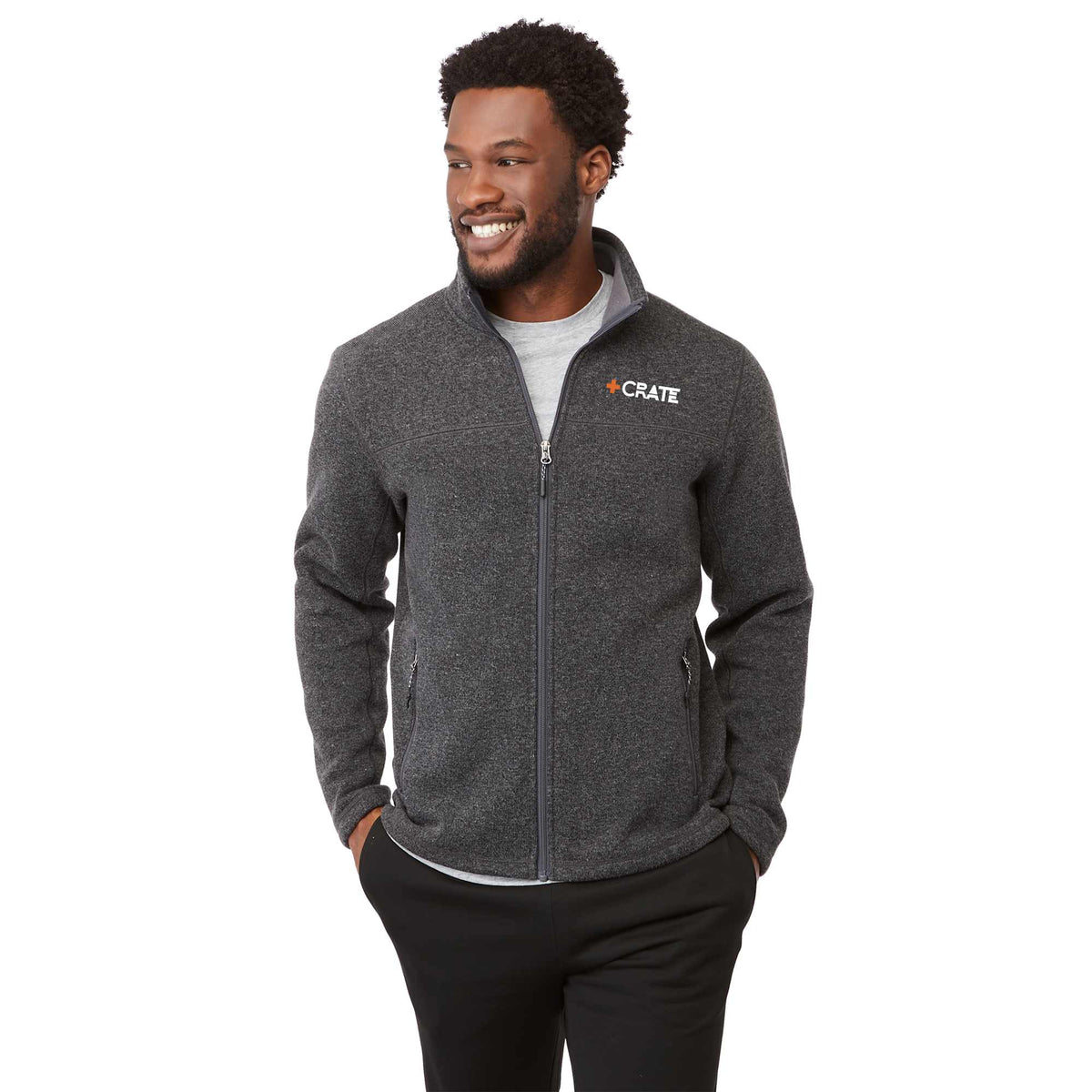 Darnell Eco Knit Full Zip Sweater for Men Transfer - Heather Dark Charcoal - On Model Front