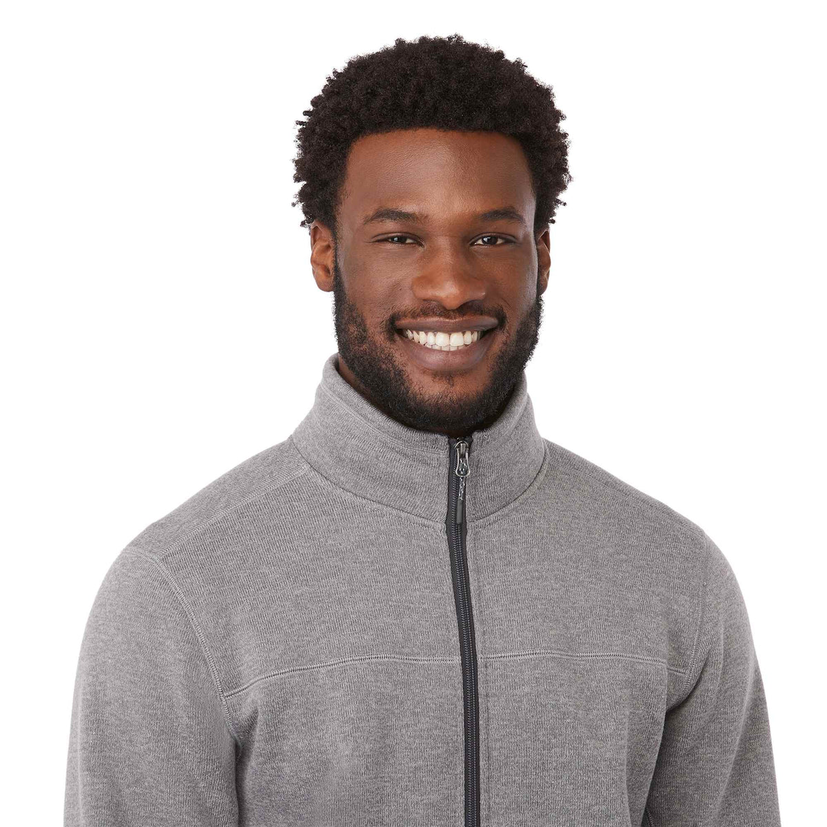 Darnell Eco Knit Full Zip Sweater for Men Transfer - Medium Heather Grey - On Model Detail 3