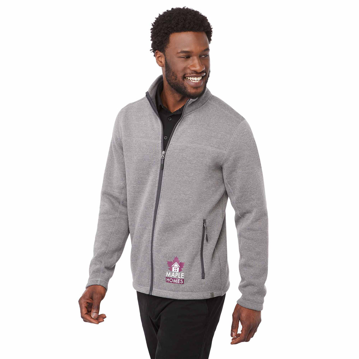 Darnell Eco Knit Full Zip Sweater for Men Transfer - Medium Heather Grey - On Model Right Angle
