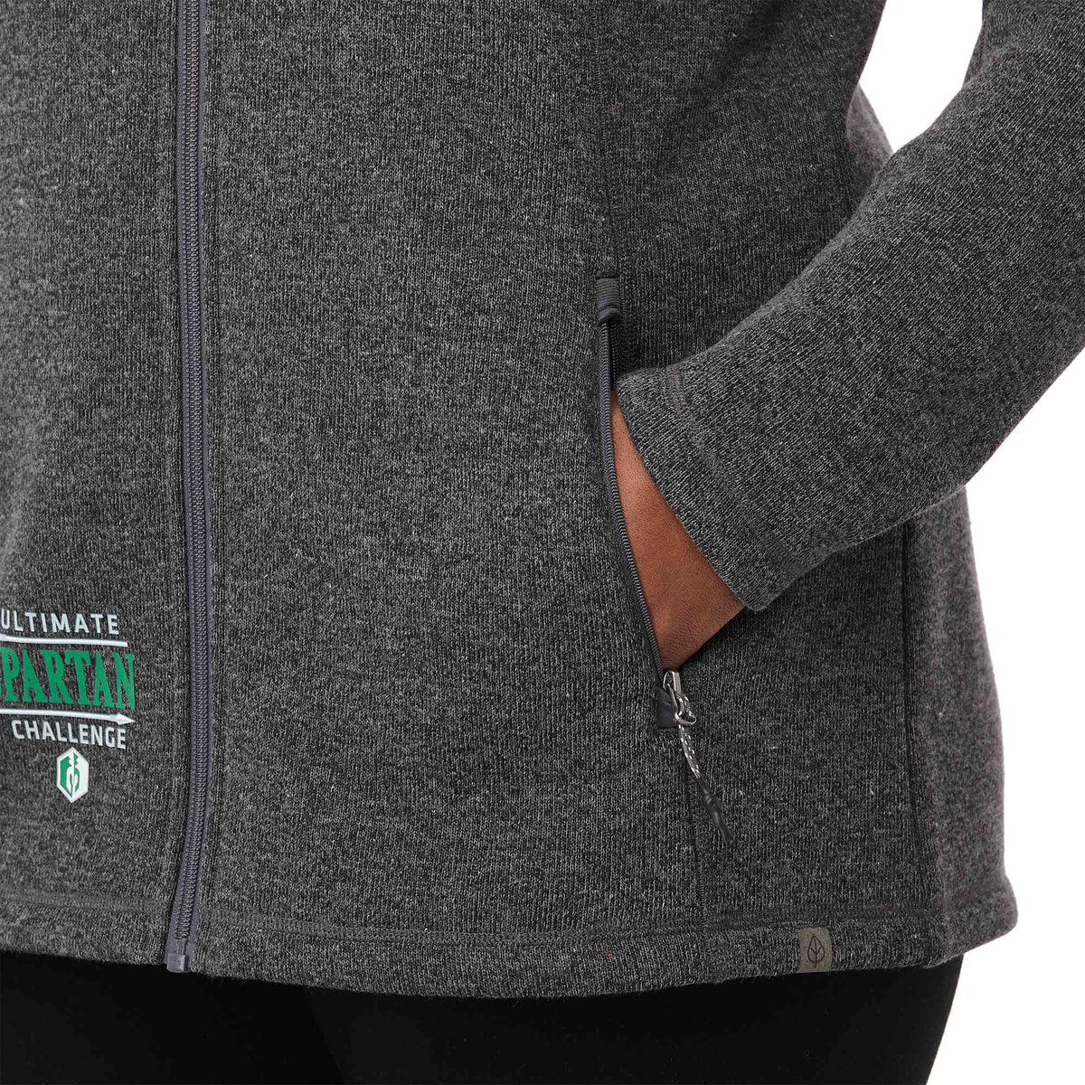 Darnell Eco Knit Full Zip Sweater for Women Embroidery - Heather Dark Charcoal - On Model Detail 2