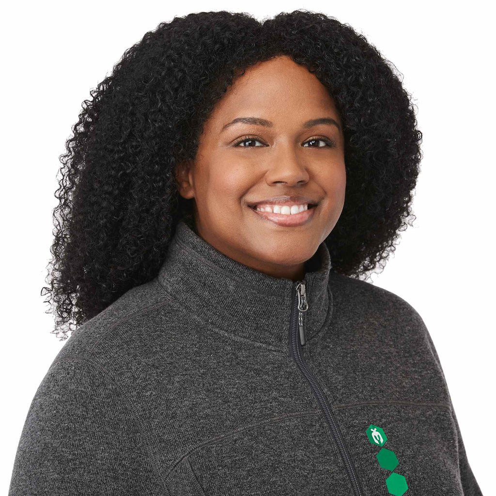 Darnell Eco Knit Full Zip Sweater for Women Embroidery - Heather Dark Charcoal - On Model Detail