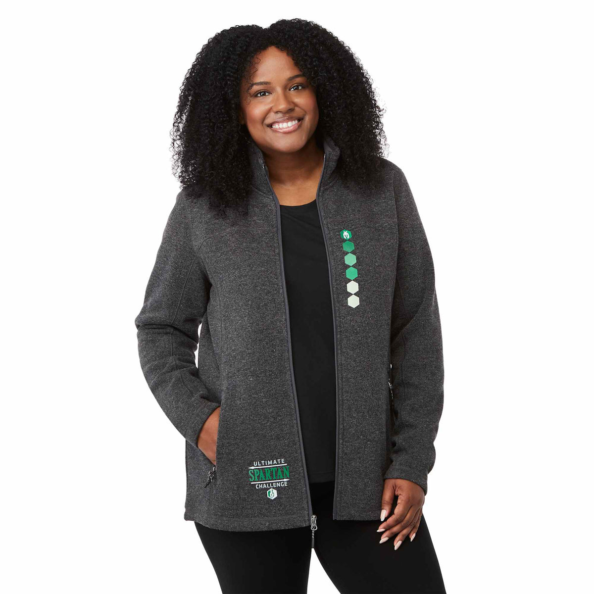 Darnell Eco Knit Full Zip Sweater for Women Embroidery - Heather Dark Charcoal - On Model Front