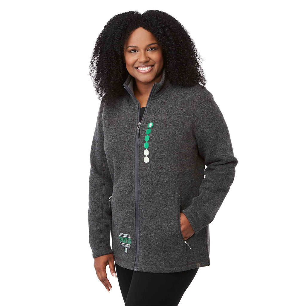 Darnell Eco Knit Full Zip Sweater for Women Embroidery - Heather Dark Charcoal - On Model Right Angle