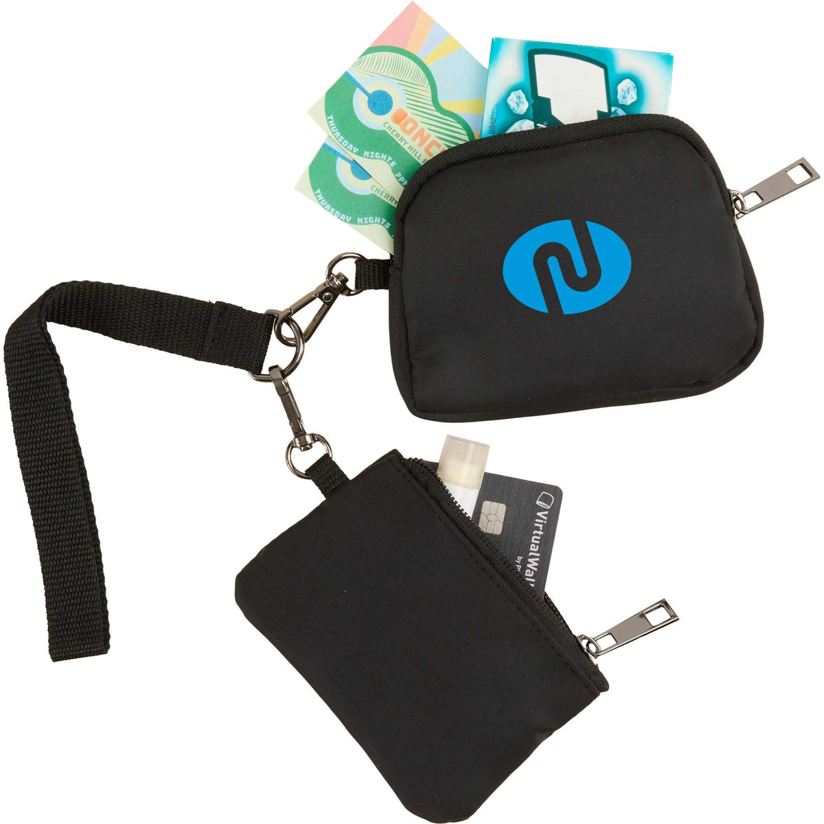 Daybreak Recycled Lanyard with Two Zip Pouches - Black - Propped