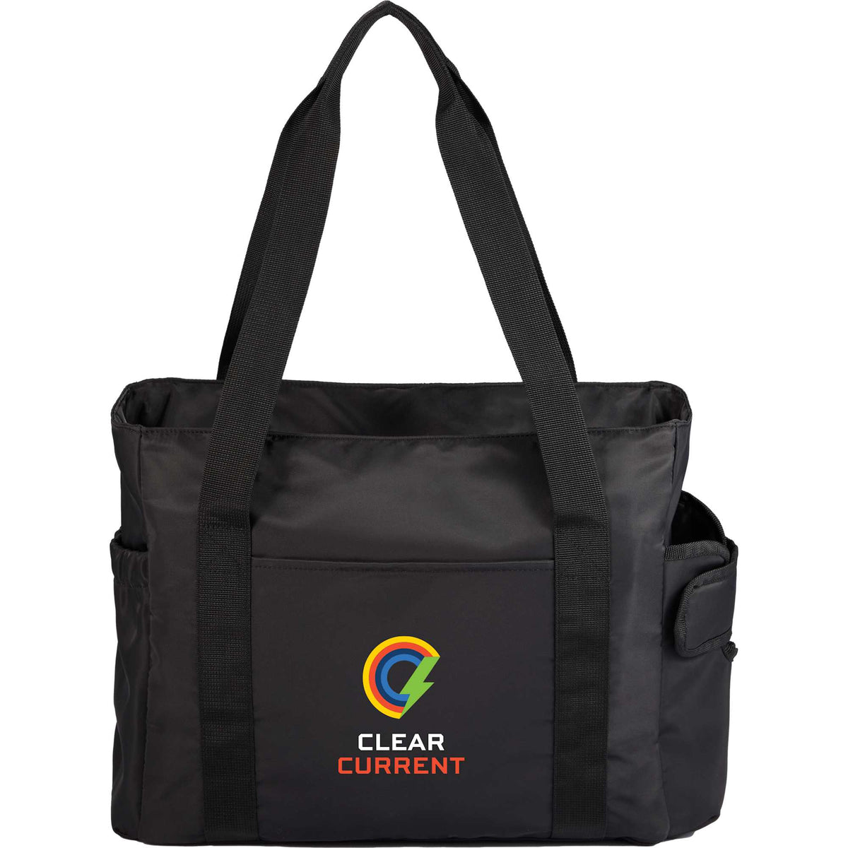 Daybreak Recycled Laptop Tote with Tumbler Pocket Transfer - Black - Front