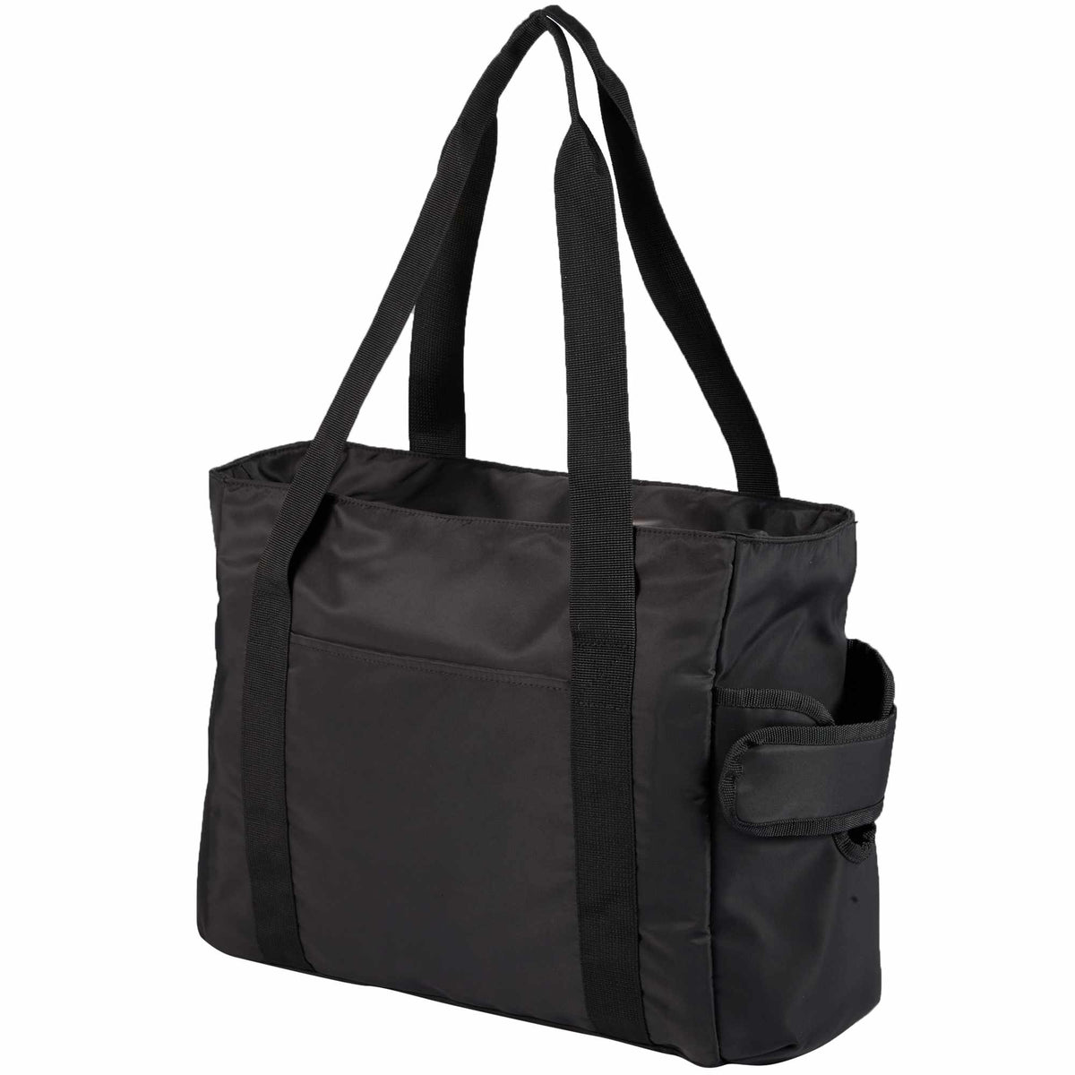 Daybreak Recycled Laptop Tote with Tumbler Pocket Transfer - Black - Left Angle