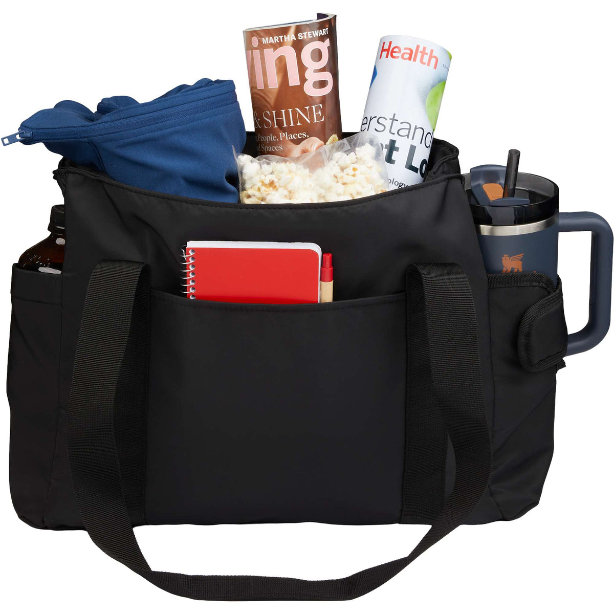 Daybreak Recycled Laptop Tote with Tumbler Pocket Transfer - Black - Propped 2