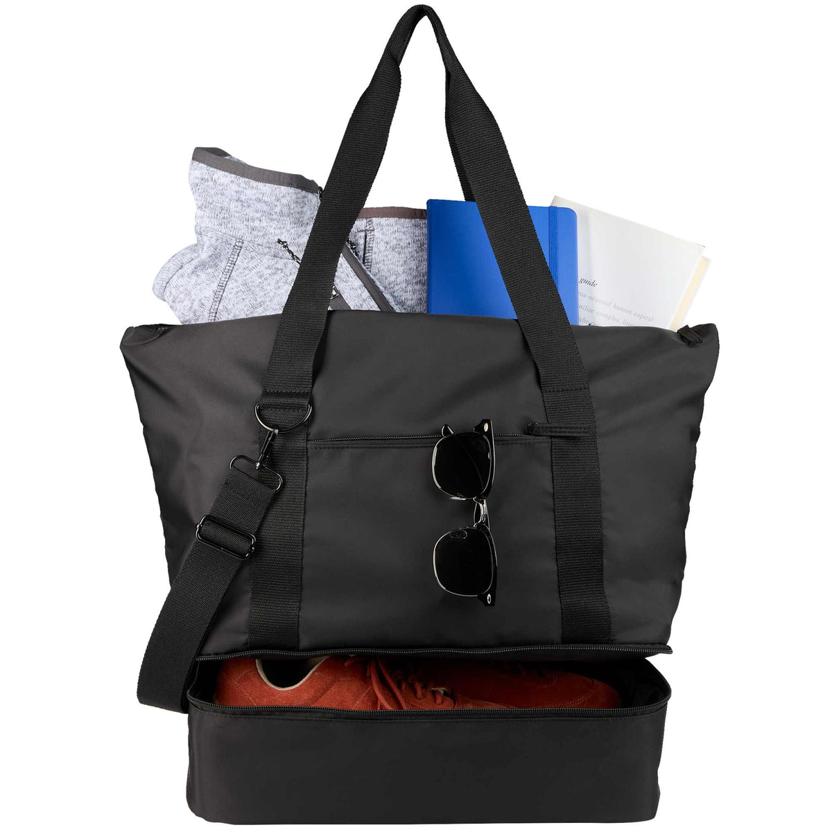 Daybreak Recycled Travel Tote with Shoe Compartment Embroidery - Black - Propped