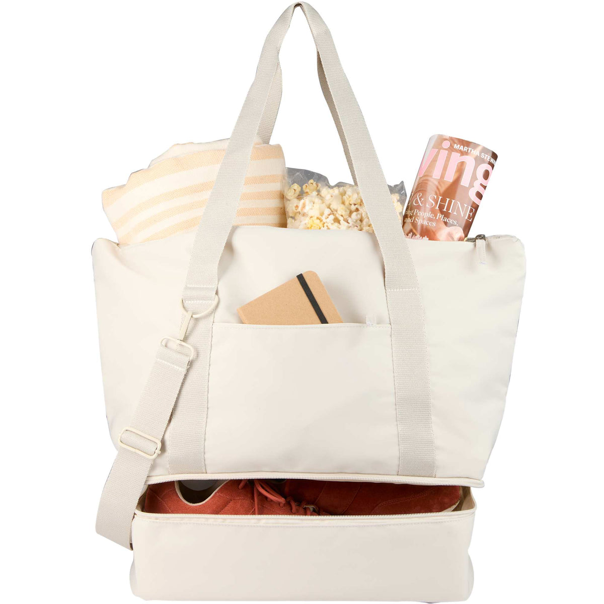 Daybreak Recycled Travel Tote with Shoe Compartment Embroidery - Natural - Propped 2