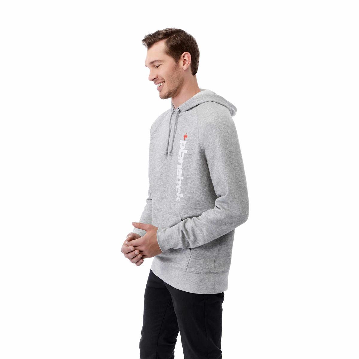 Dayton Classic Fleece Hoodie, Unisex Transfer - Heather Grey Secondary - Left Angle On Model