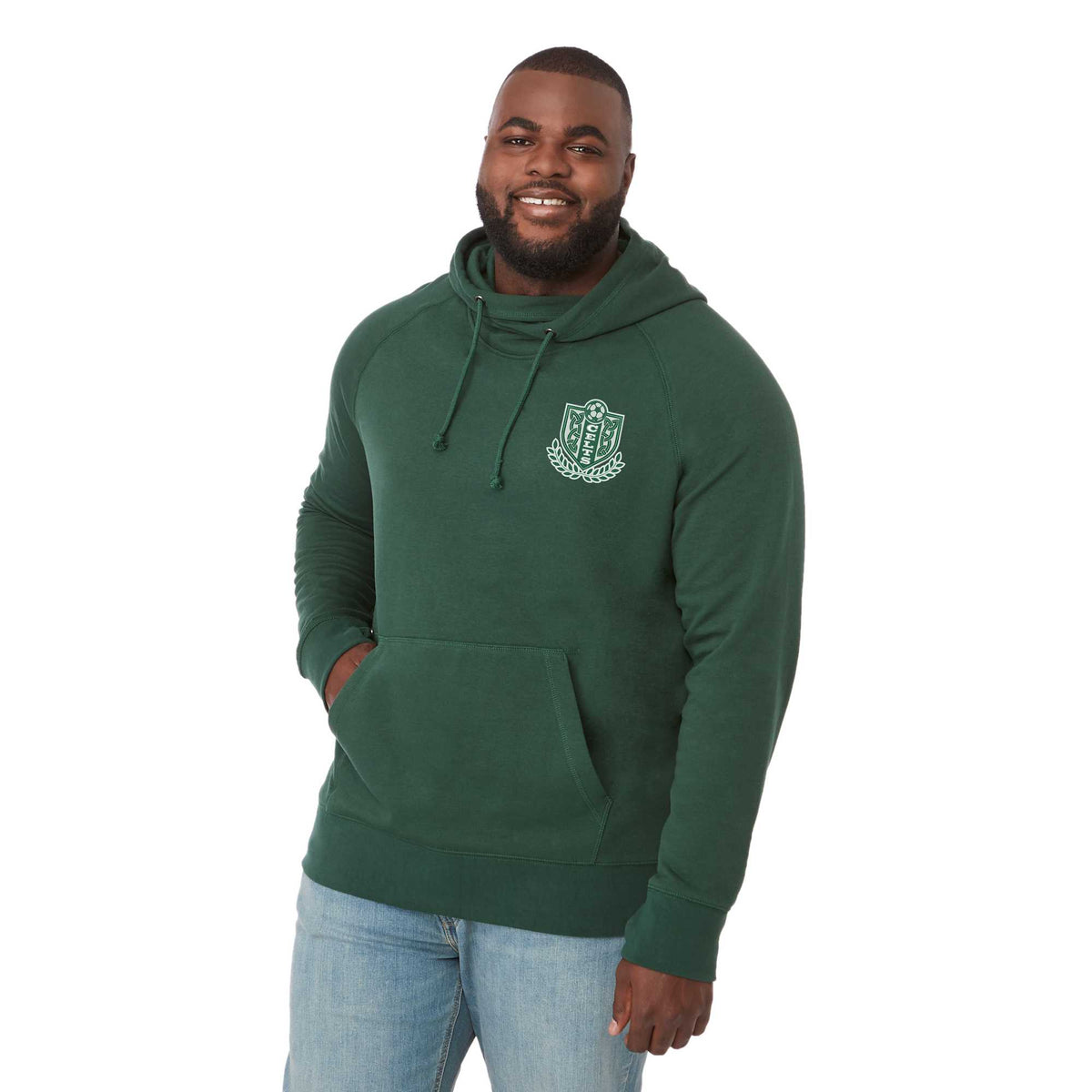 Dayton Crossover Neck Fleece Hoodie for Men Transfer - Forest Green - Left Angle On Model