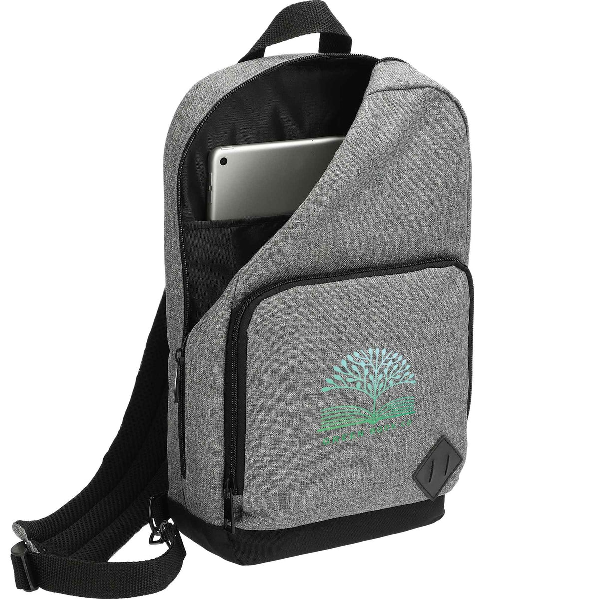 Deluxe Sling Backpack in Recycled Polyester, Graphite Embroidery - Graphite - Propped Back