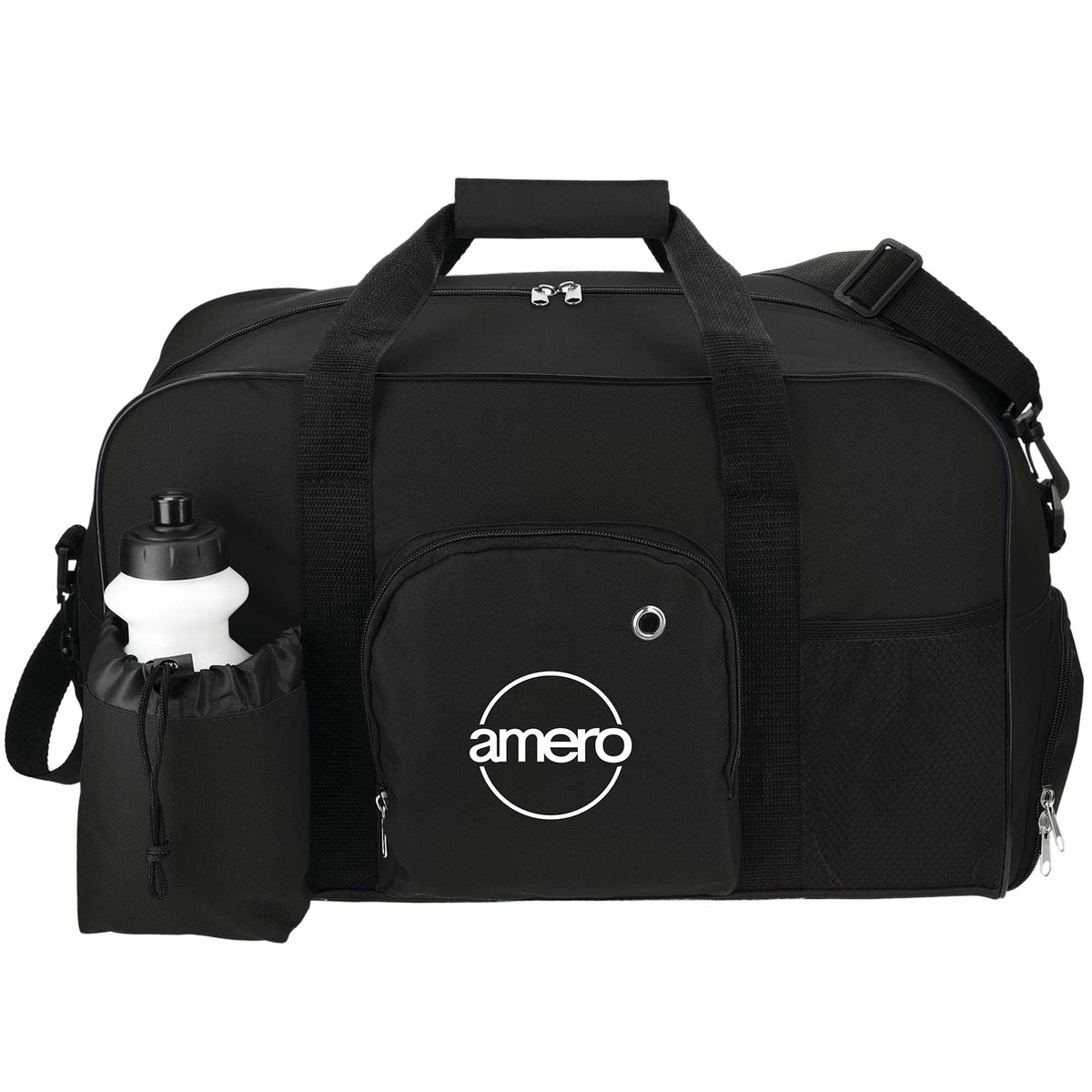 Deluxe Weekender Duffel Bag with Water Bottle, 18.5 Inches Embroidery - Black - Front