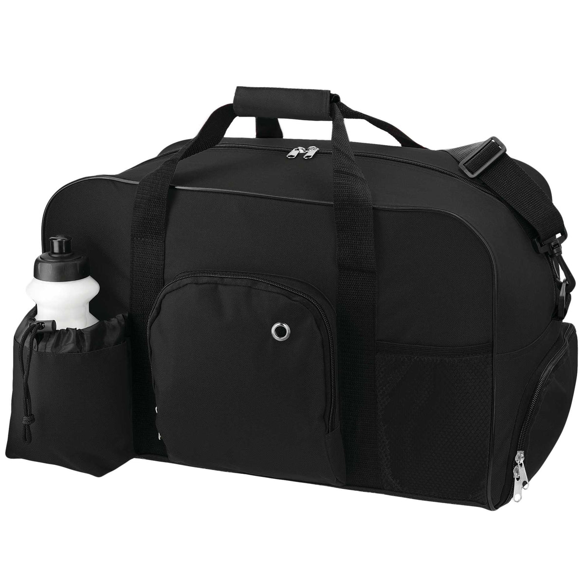 Deluxe Weekender Duffel Bag with Water Bottle, 18.5 Inches Embroidery - Black - Left Angle 2
