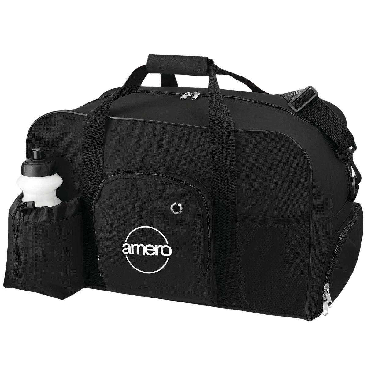 Deluxe Weekender Duffel Bag with Water Bottle, 18.5 Inches Embroidery - Black - Left Angle