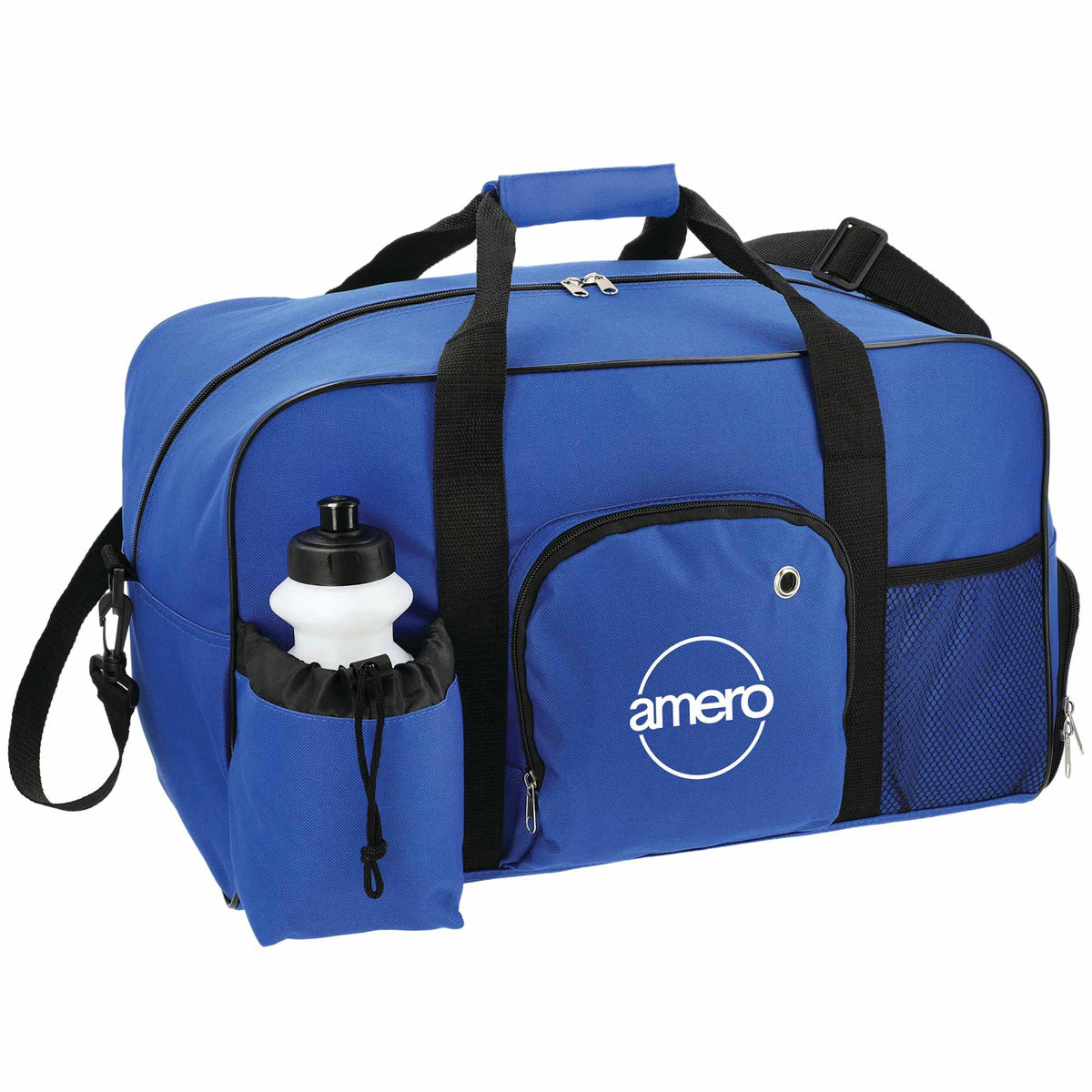 Deluxe Weekender Duffel Bag with Water Bottle, 18.5 Inches Embroidery - Blue - Right Angle 2