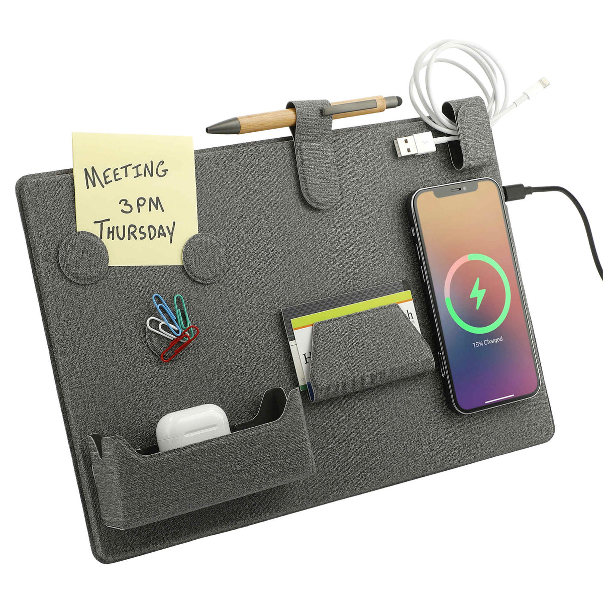 Desk Organizer Board with Magnetic Wireless Charger Transfer - Gray - Right Angle 7