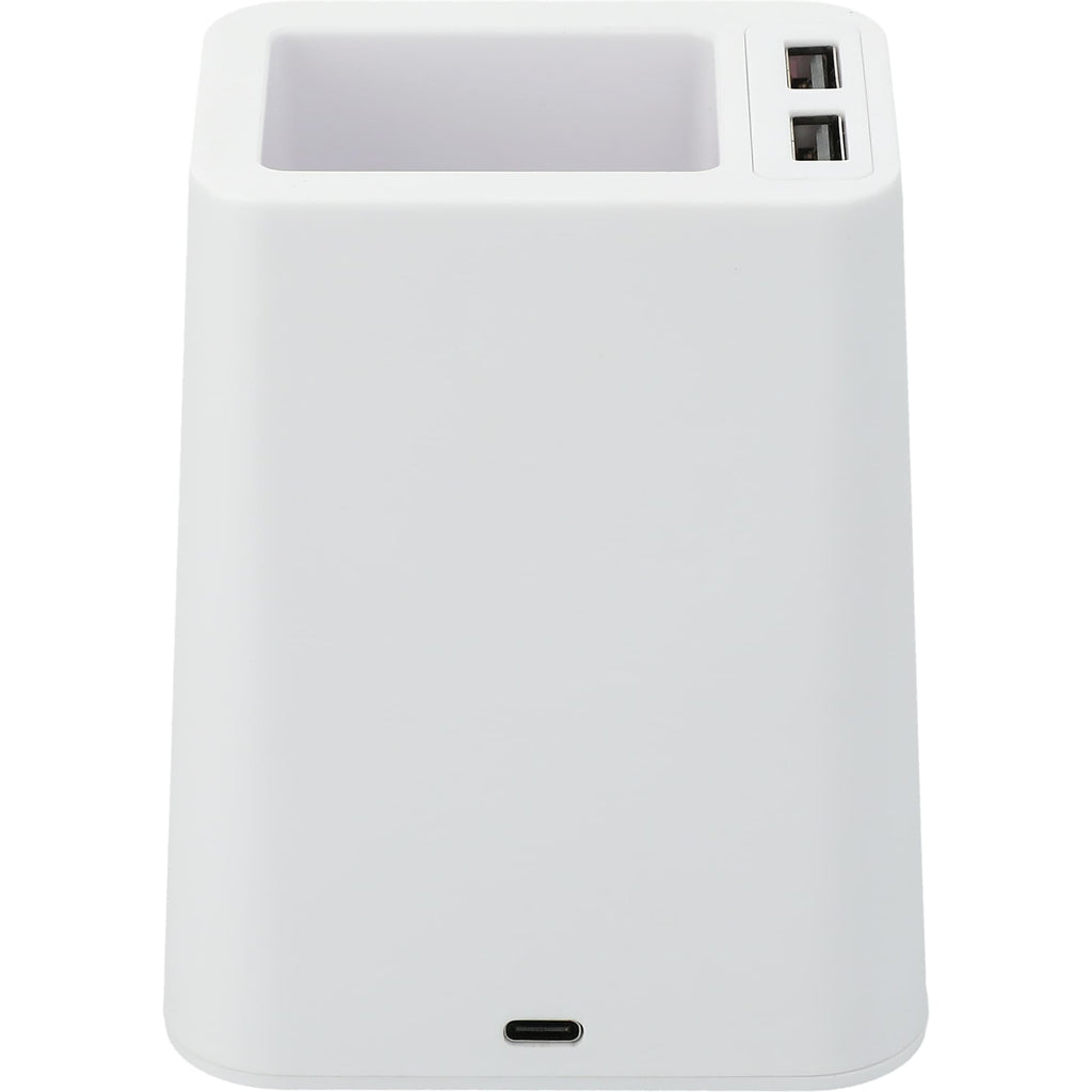 Desk Pen Holder with Wireless Charger and Two USB Ports - White - Back