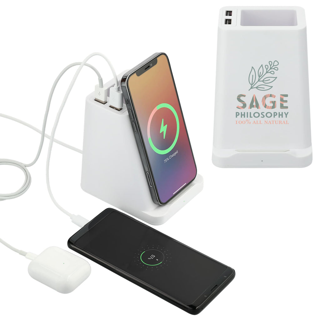 Desk Pen Holder with Wireless Charger and Two USB Ports - White - Front 2