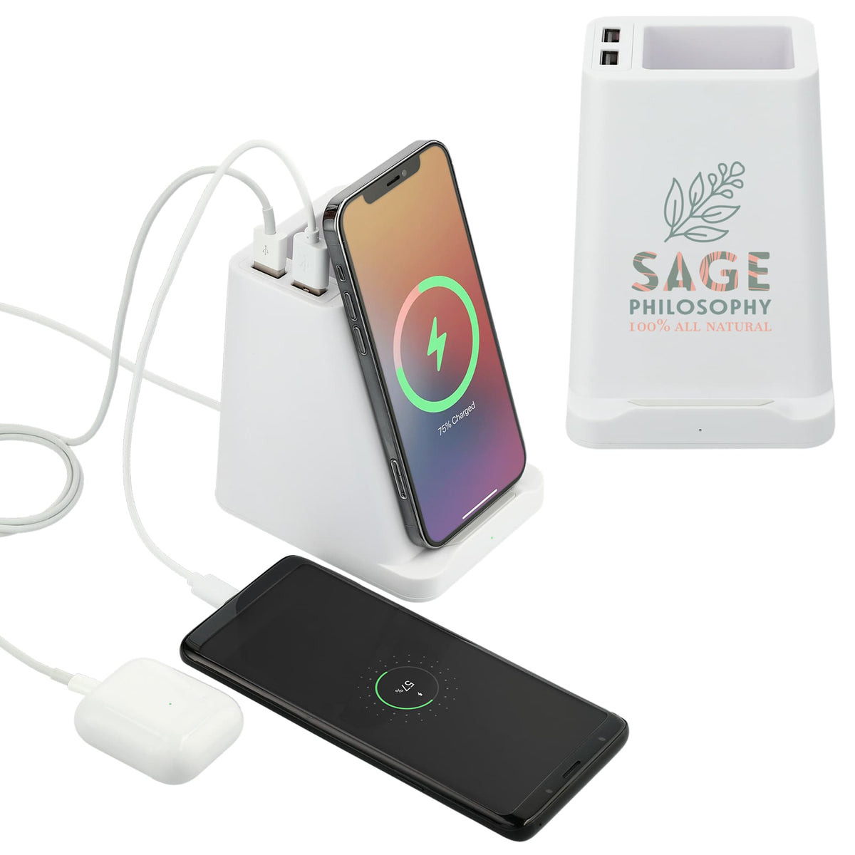 Desk Pen Holder with Wireless Charger and Two USB Ports - White - Front 2