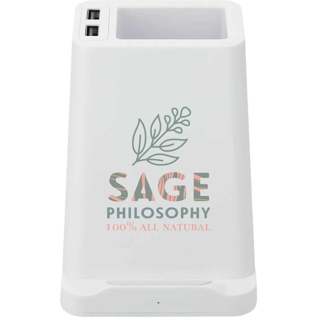 Desk Pen Holder with Wireless Charger and Two USB Ports - White - Front