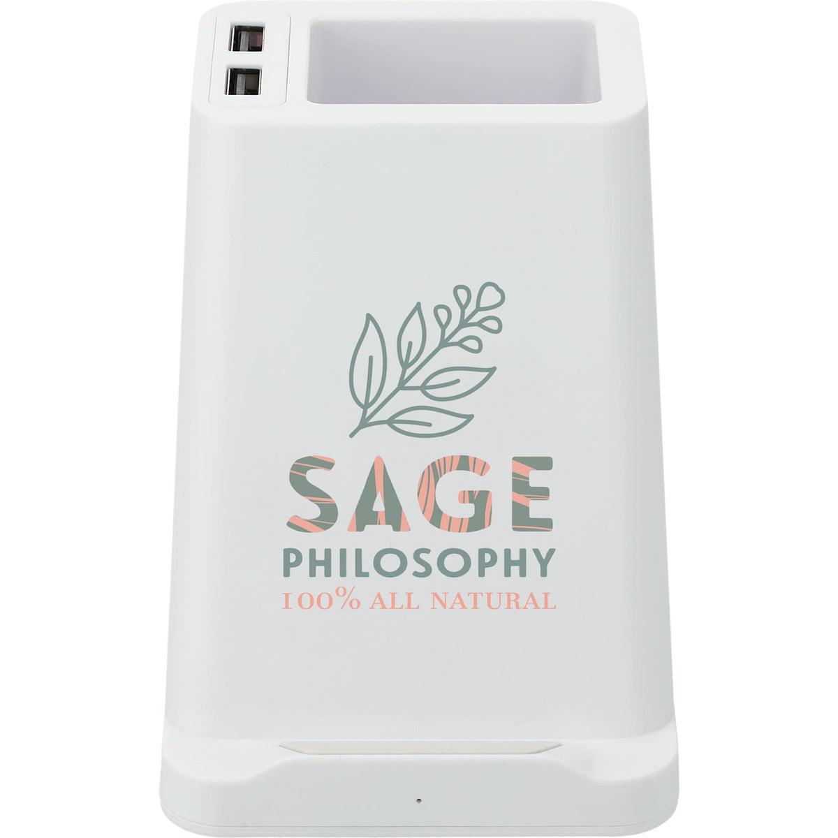 Desk Pen Holder with Wireless Charger and Two USB Ports - White - Front