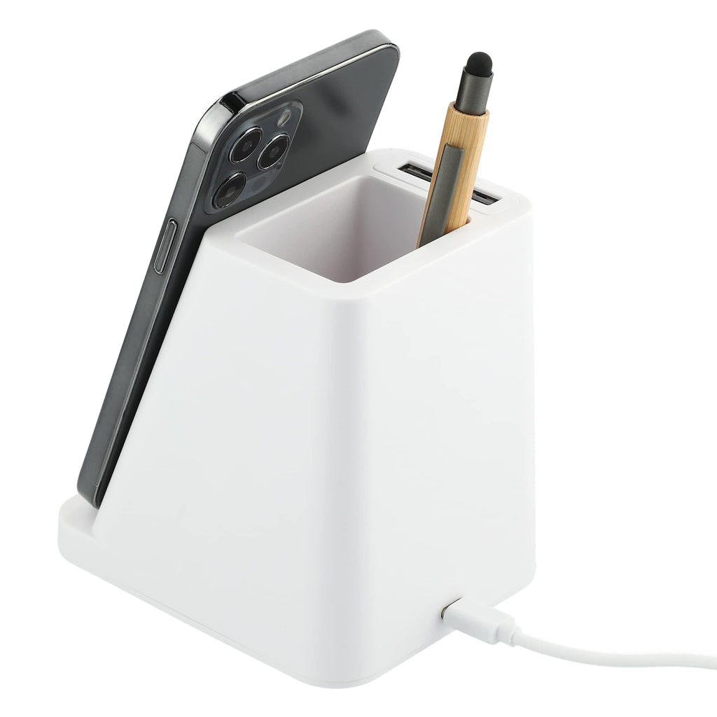 Desk Pen Holder with Wireless Charger and Two USB Ports - White - Left Angle 2