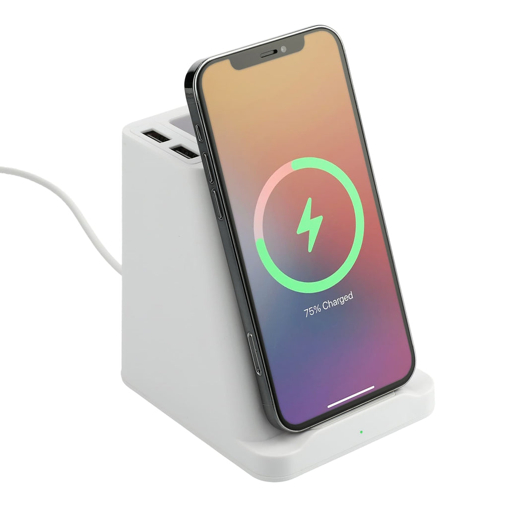 Desk Pen Holder with Wireless Charger and Two USB Ports - White - Right Angle 2