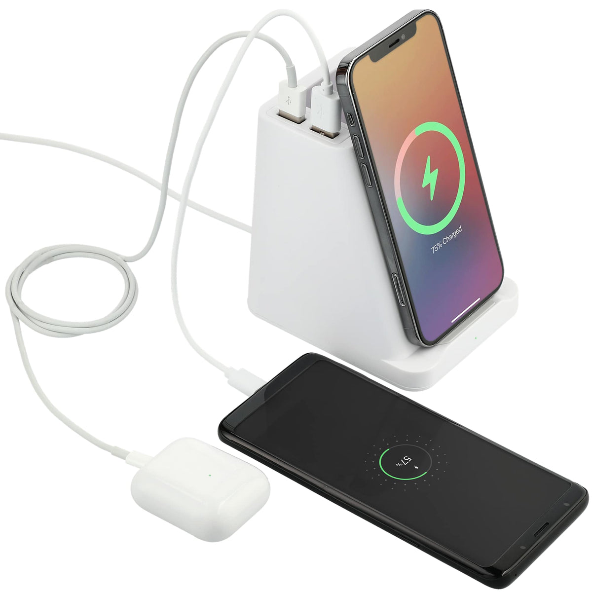 Desk Pen Holder with Wireless Charger and Two USB Ports - White - Right Angle 3