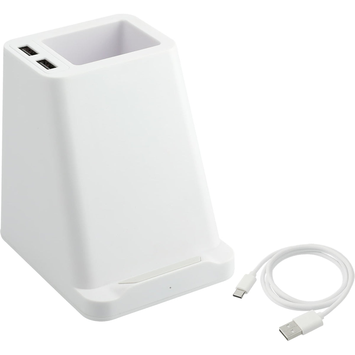 Desk Pen Holder with Wireless Charger and Two USB Ports - White - Right Angle 4