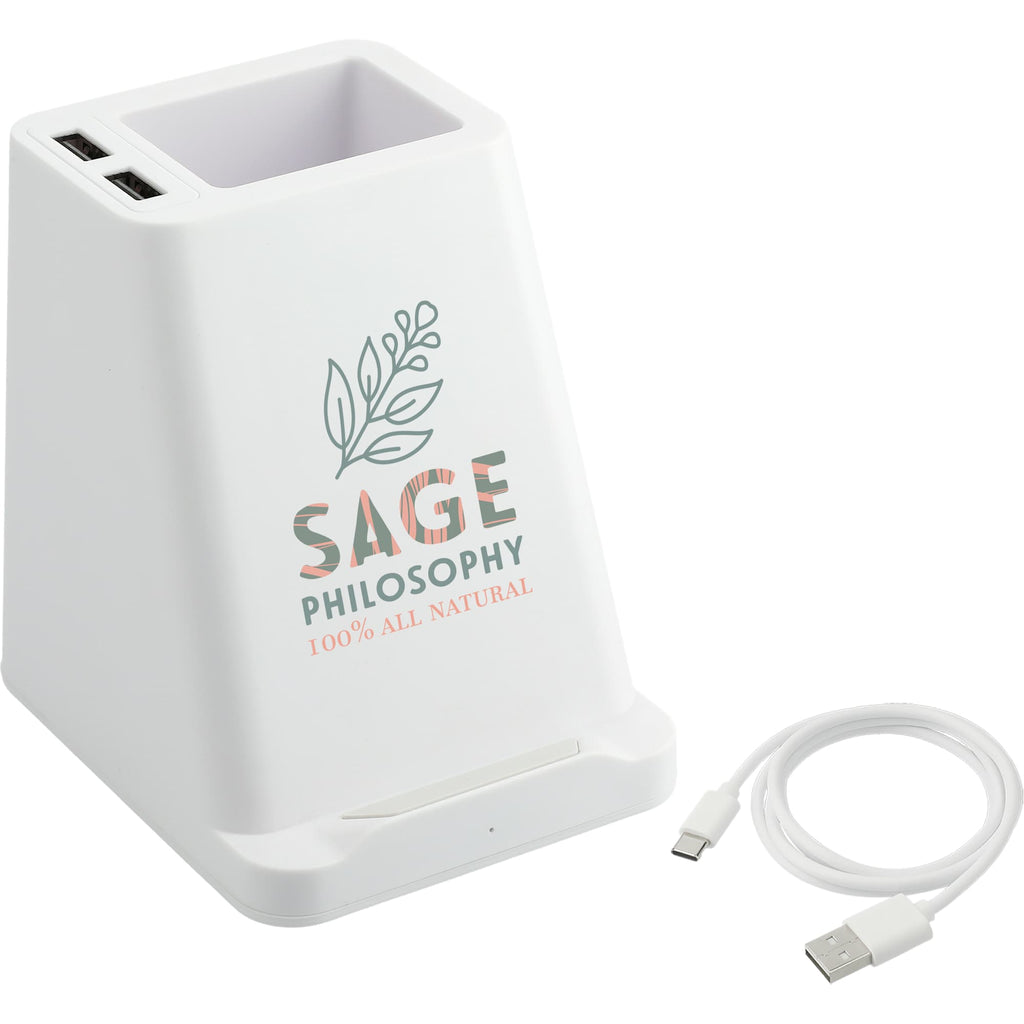 Desk Pen Holder with Wireless Charger and Two USB Ports - White - Right Angle