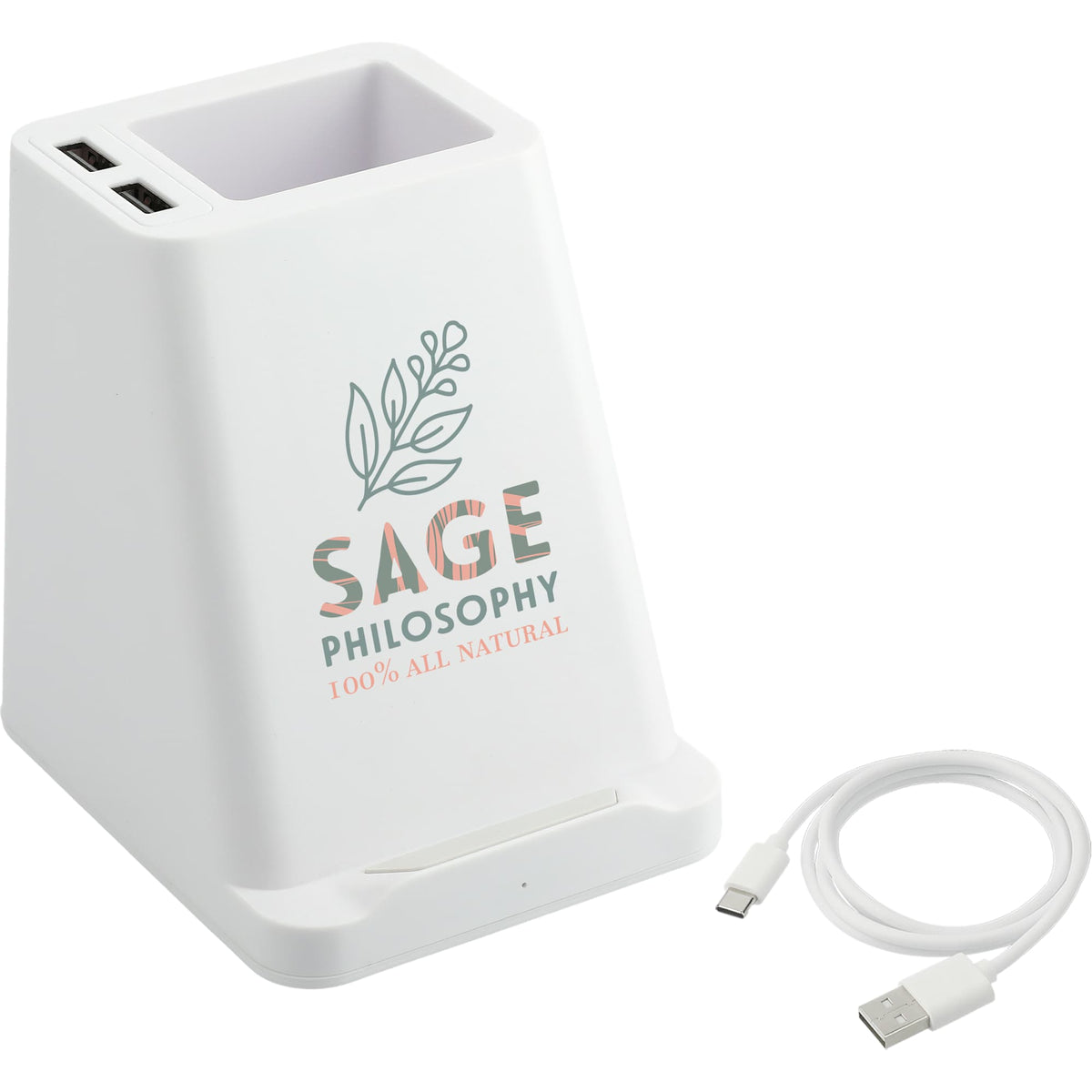 Desk Pen Holder with Wireless Charger and Two USB Ports - White - Right Angle