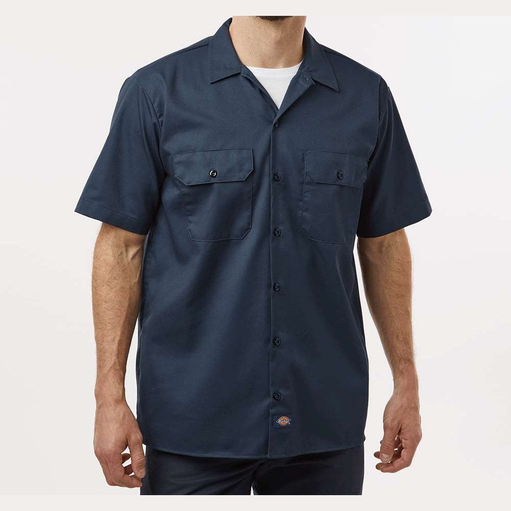 Dickies Men's Short Sleeve Work Shirt Embroidery - Dark Navy - On Model Front