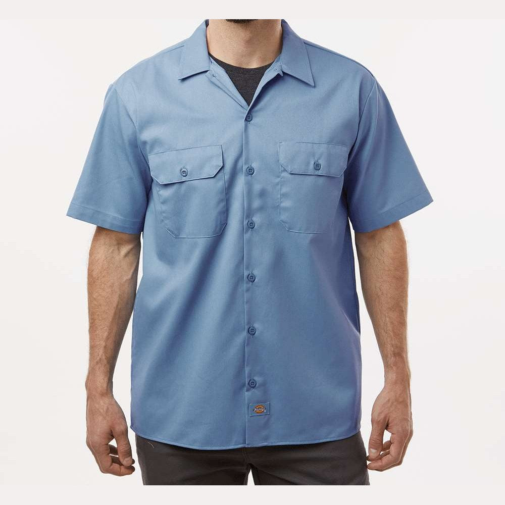 Dickies Men's Short Sleeve Work Shirt Embroidery - Gulf Blue - On Model Front