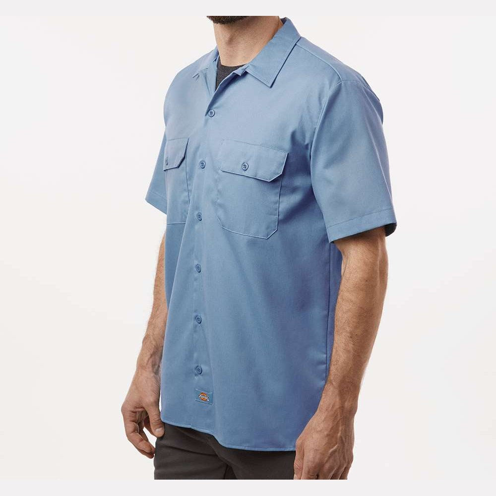 Dickies Men's Short Sleeve Work Shirt Embroidery - Gulf Blue - On Model Side